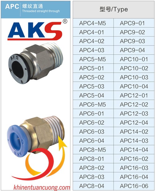 Bảng thông số những loại Cút nối ren thẳng bình dân 3/8 dây fi12 của AKS PC12-03