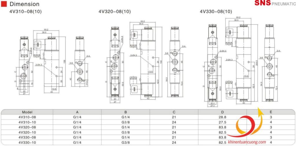 Bản vẽ kỹ thuật Van điện từ 5/2 cỡ vừa 4V310-10 SNS AC220V