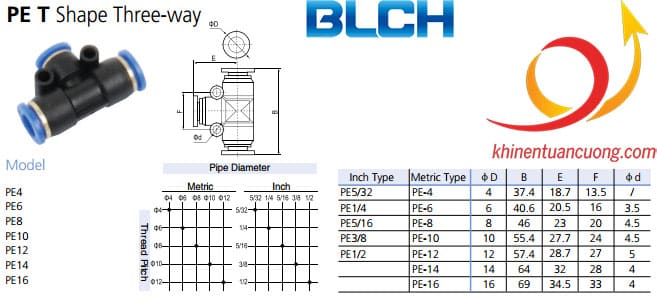 Thông số kỹ thuật của Cút nối nhanh chữ T mã PE10-10-10 BLCH