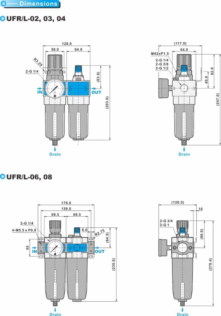 Kích thước chi tiết Lọc đôi gồm lọc nước và châm dầu Đài Loan UFR/L-03 SHAKO 