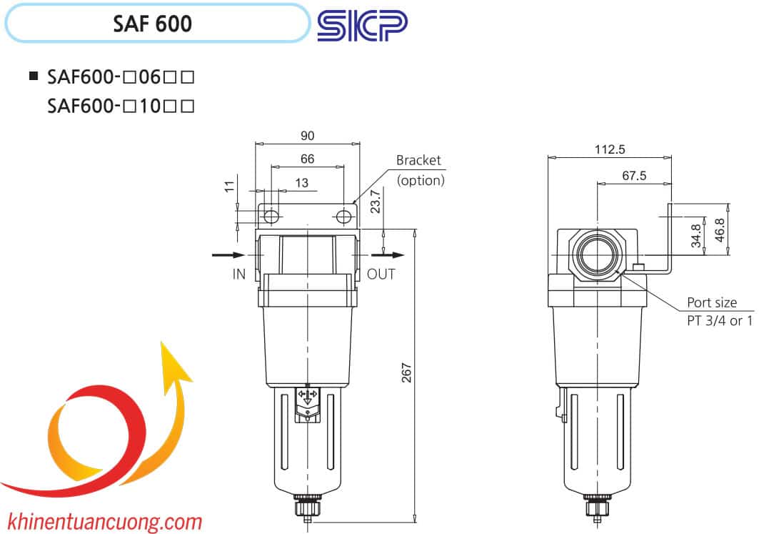 Kích thước chi tiết Lọc nước khổng lồ SAF6000D xả tự động SKP