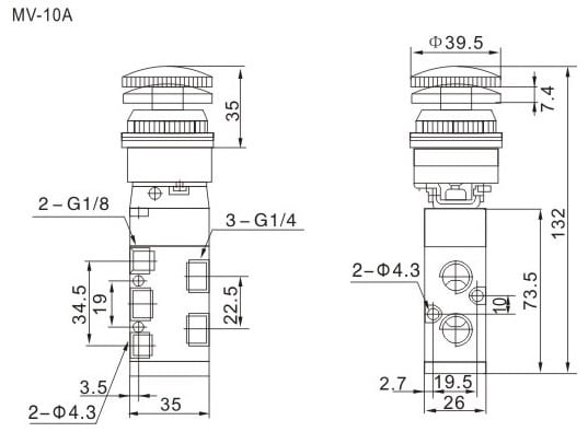 Kích thước chi tiết của van khí nén dùng cơ nhấn nhả MV-10A không reset
