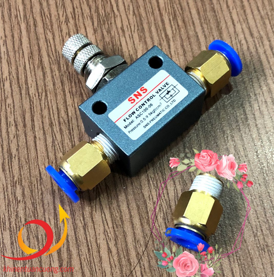 Ứng dụng kết nối với van tiết lưu ASC100-06 cũng là điều thường thấy khí sử dụng cút nối nhanh ren thẳng PC6-01 này