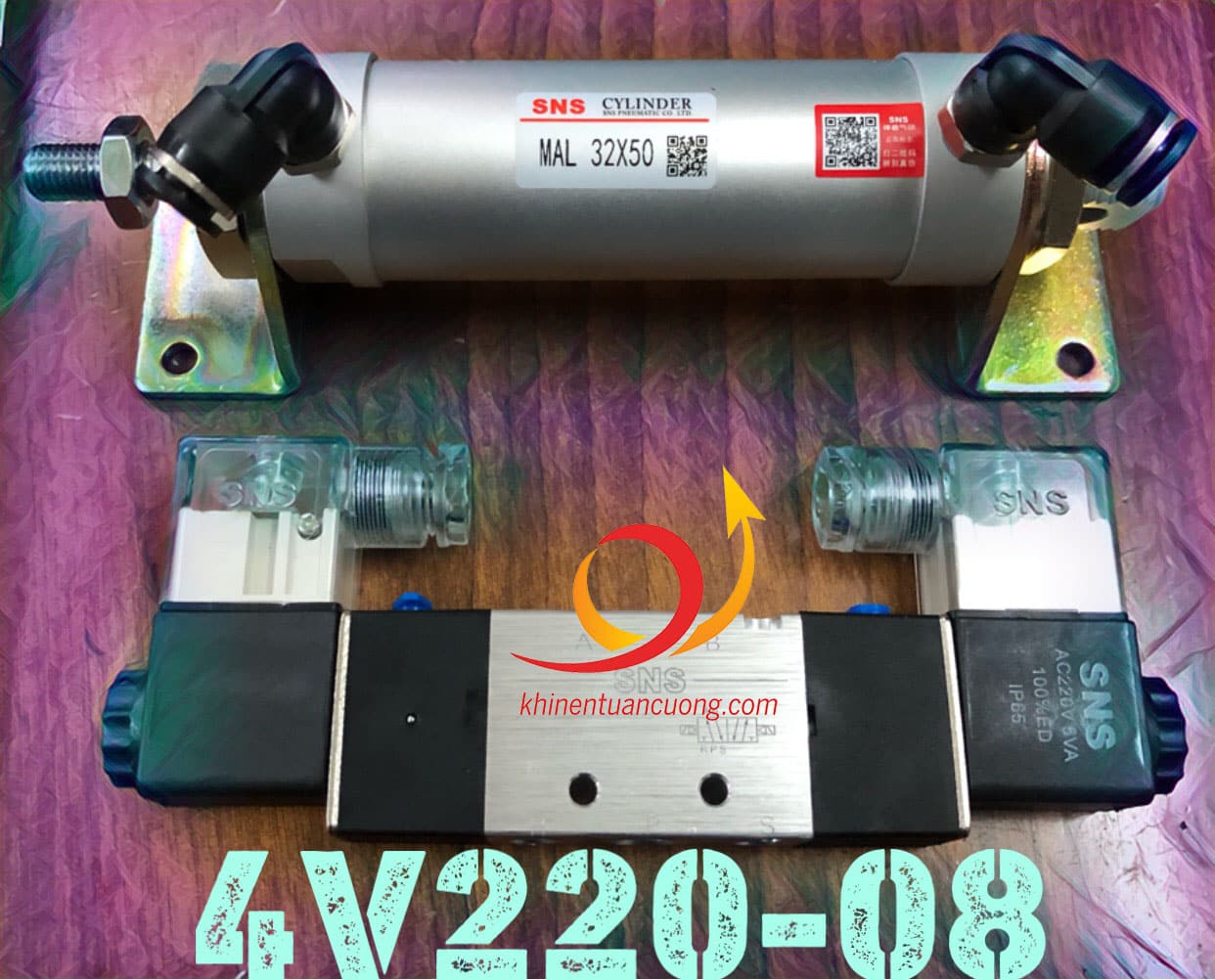 Điều khiển Xi lanh tròn trong máy cắt nhôm MAL32x50  bằng van điện từ hai đầu điện 4V220-08 AC220V SNS