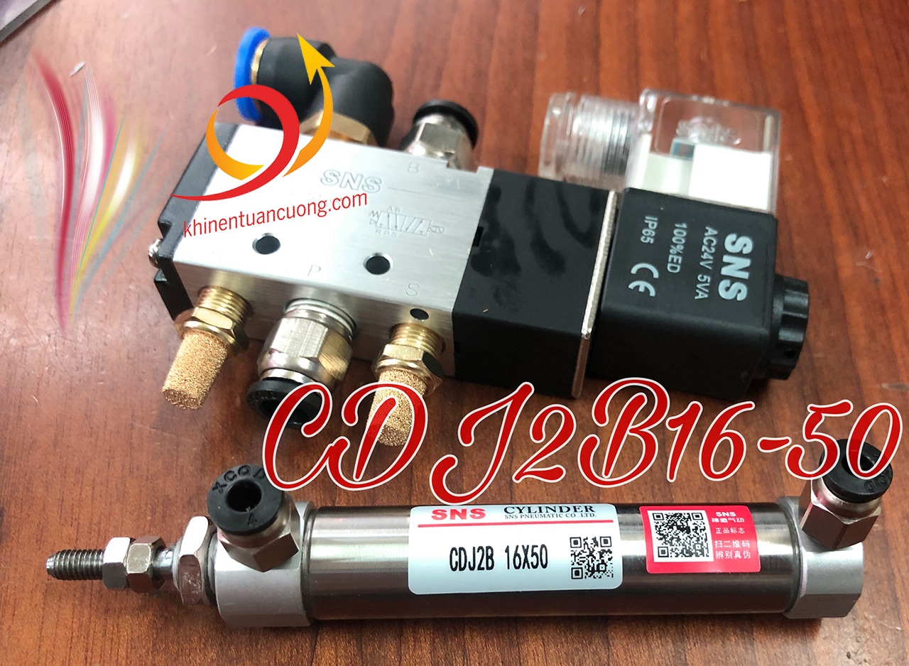Xylanh CDJ2B 16x50 được điều khiển bằng Van điện từ 4V210-08 điện xoay chiều AC24V
